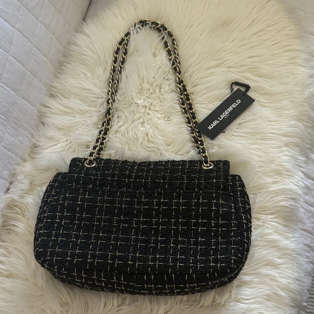 Karl Lagerfeld Black and Gold Tweed Shoulder Bag - Picture 4 of 4